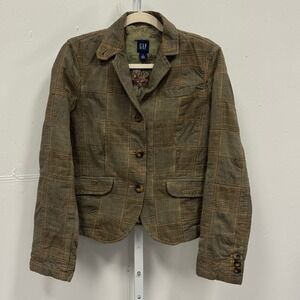 Y2K Gap Women's Brown Patchwork Plaid Herringbone Blazer Jacket Size 6 Earthtone